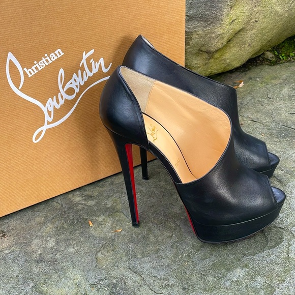 CHRISTIAN LOUBOUTIN VERITA BLACK LEATHER 6” STILLETTO HEEL PEEP TOE PUMPS🔥👠-9 - Picture 8 of 15